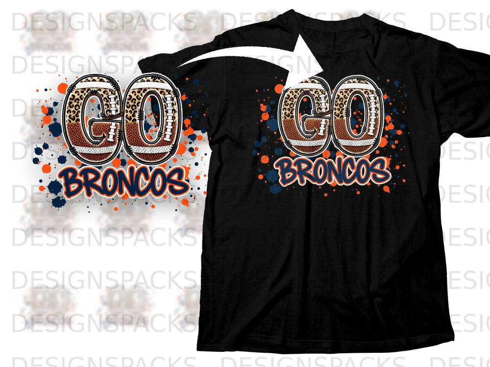 Black t-shirt with "GO BRONCOS" in football and leopard print lettering.