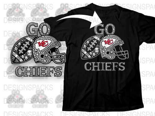 Kansas City Football Team Rhinestone T-Shirt, Sparkly Fan Gear, Sports Apparel, Black Tee, Chief Helmets Design, Gift for Fans