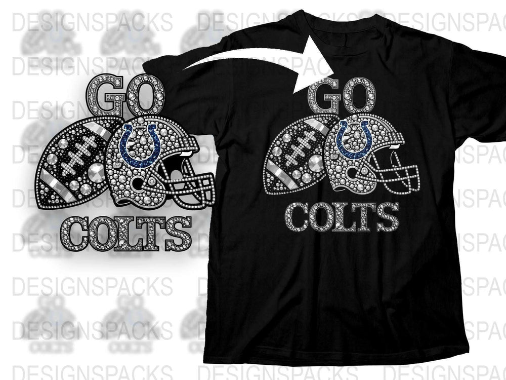 Rhinestone Football Helmets T-Shirt, Go Colts Fan Gear, Sparkly Sports Apparel, Black Unisex Tee