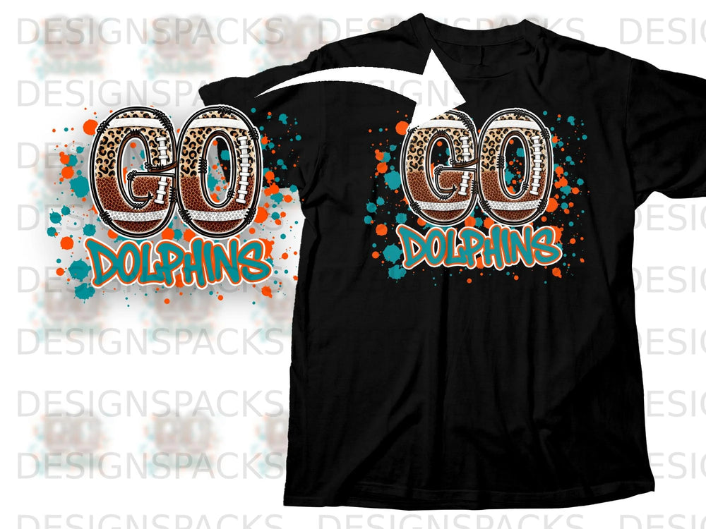Black t-shirt with "GO DOLPHINS" in football and leopard print design.
