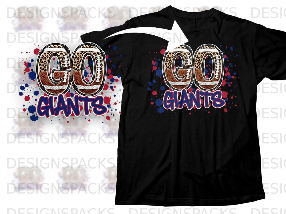 Black t-shirt with "GO GIANTS" text in football and leopard print.