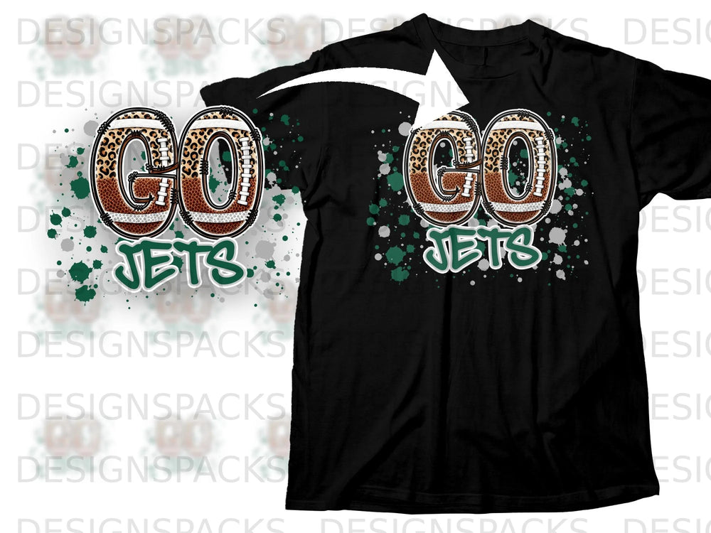 Black t-shirt with "GO JETS" graphic featuring footballs and leopard print.