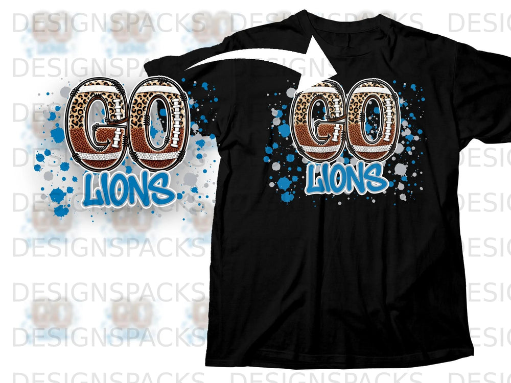 Black t-shirt with "GO LIONS" text and football graphics.