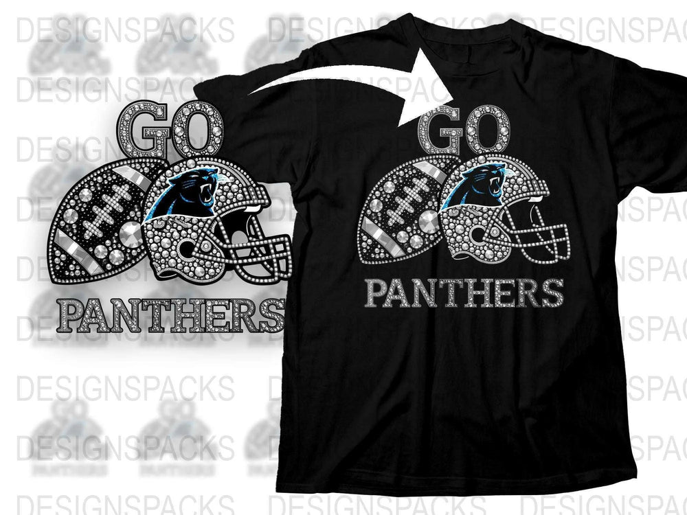 Panthers Football Team Rhinestone T-Shirt, Sports Fan Black Tee, Sparkly Helmet Design Shirt, Casual Game Day Apparel