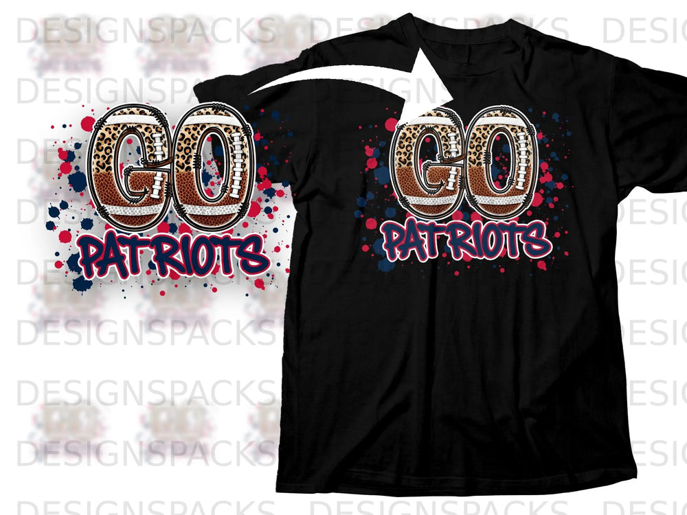 Black t-shirt with "GO PATRIOTS" text featuring football and leopard print.