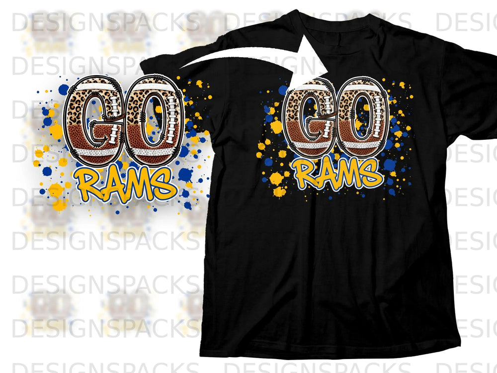 Black t-shirt with "GO RAMS" text in footballs and yellow lettering.
