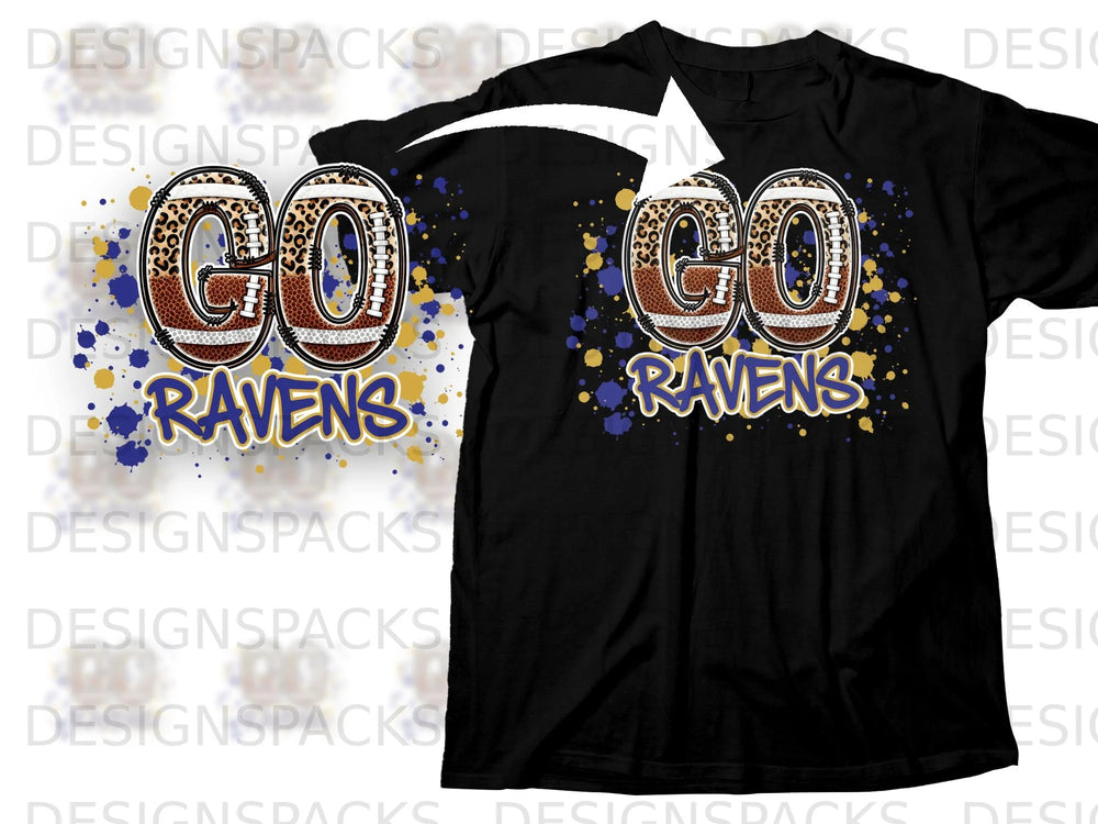 Black t-shirt with "GO RAVENS" graphic featuring footballs and leopard print.
