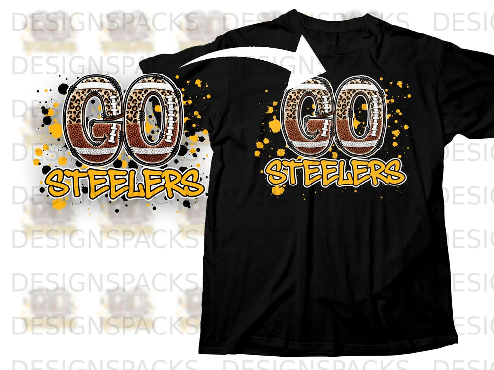 Black t-shirt with "GO STEELERS" text in football and leopard print design.