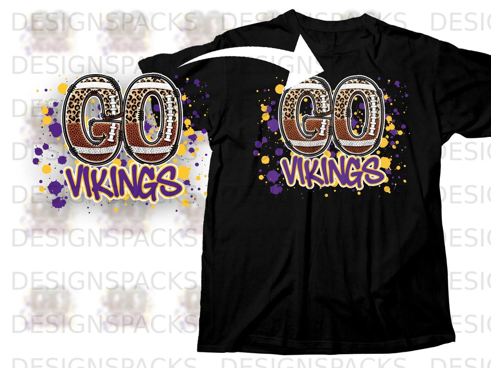 Black t-shirt with "GO VIKINGS" graphic in football and leopard print letters.