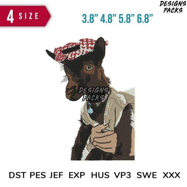 Embroidery design of a goat in keffiyeh headscarf, available in 4 sizes and multiple file formats.