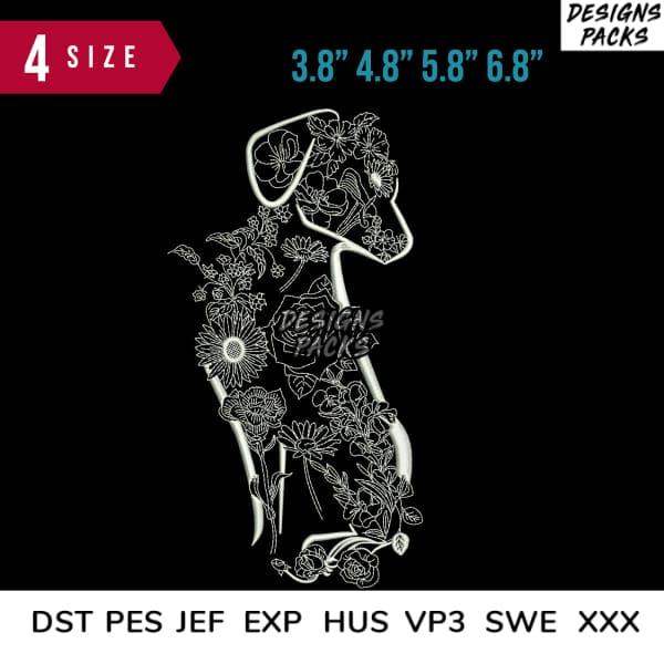 Floral dog silhouette design in 4 sizes, compatible with DST PES JEF formats for embroidery projects.