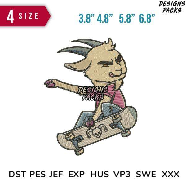 Skateboarding goat embroidery design in 4 sizes, compatible with DST PES JEF formats for instant download