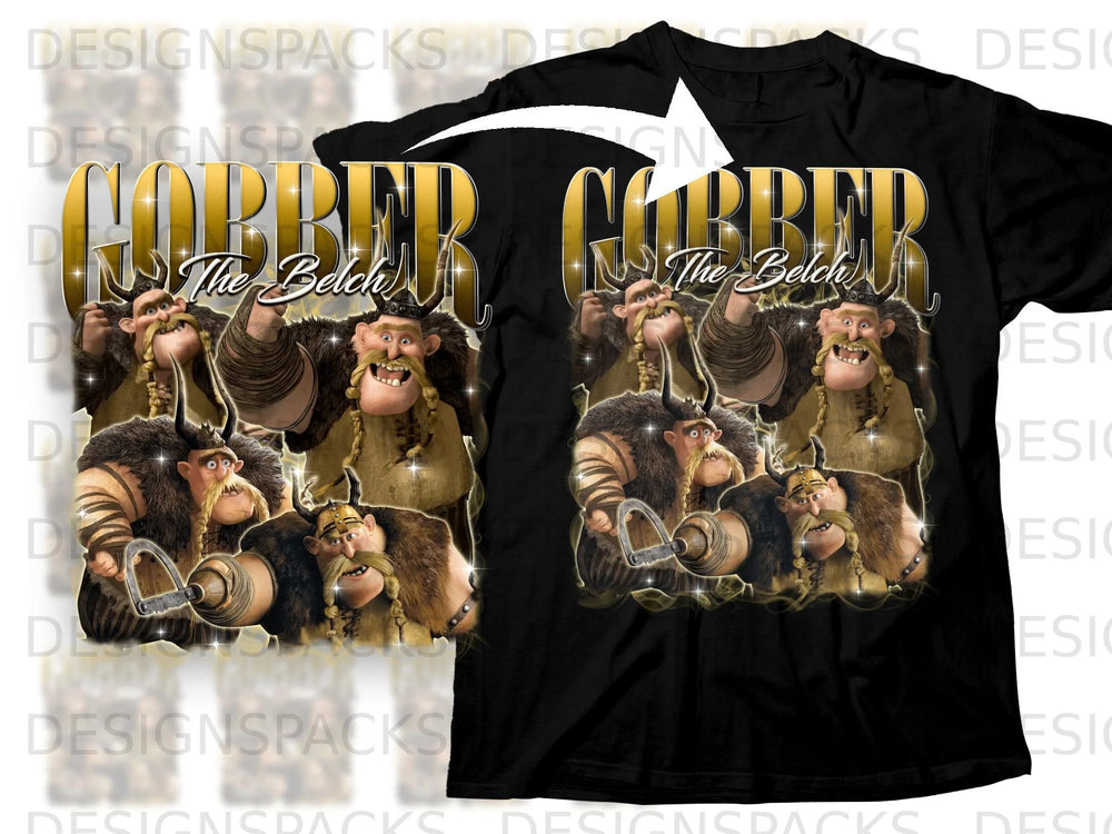 Gobber and "The Belch" characters from How to Train Your Dragon on a black t-shirt.