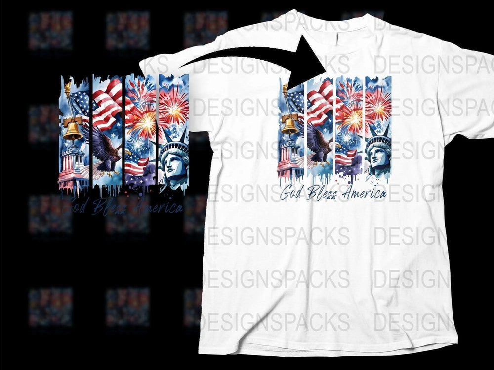 Patriotic T-Shirt USA Flag Statue of Liberty Fireworks God Bless America Tee