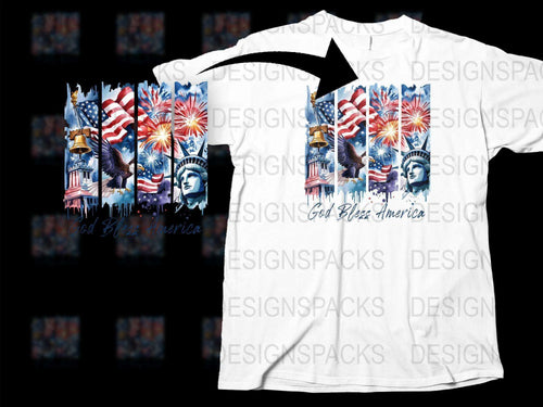 Patriotic T-Shirt USA Flag Statue of Liberty Fireworks God Bless America Tee