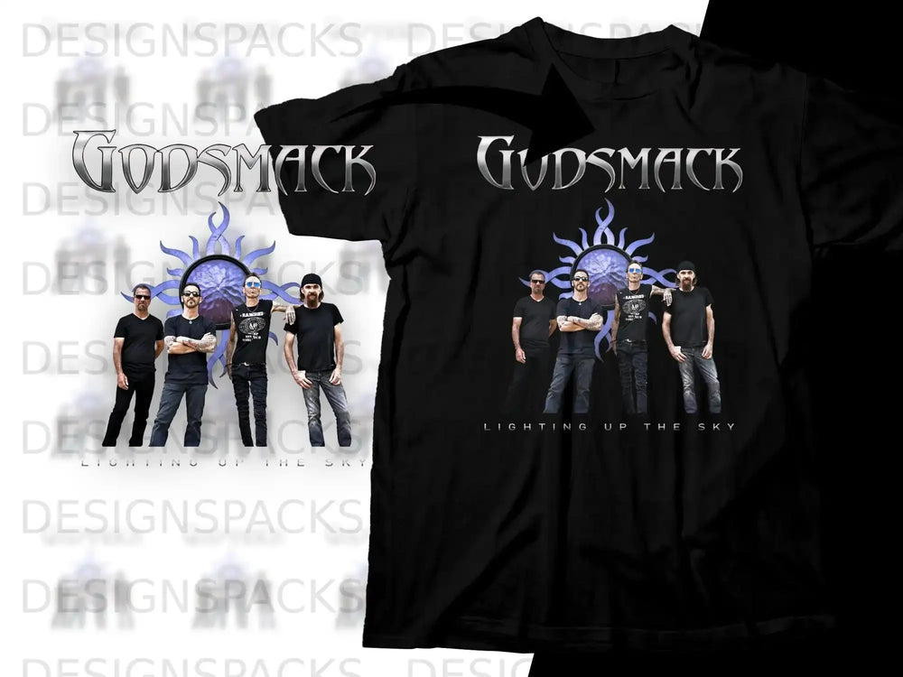 Godsmack band logo and members on a black t-shirt with "Lighting Up The Sky" text.