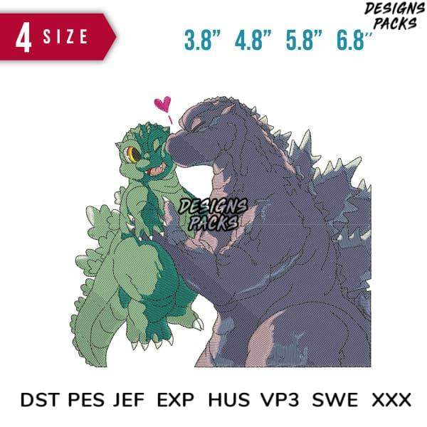 Cute Godzilla and baby dinosaur design for embroidery, available in multiple sizes and formats