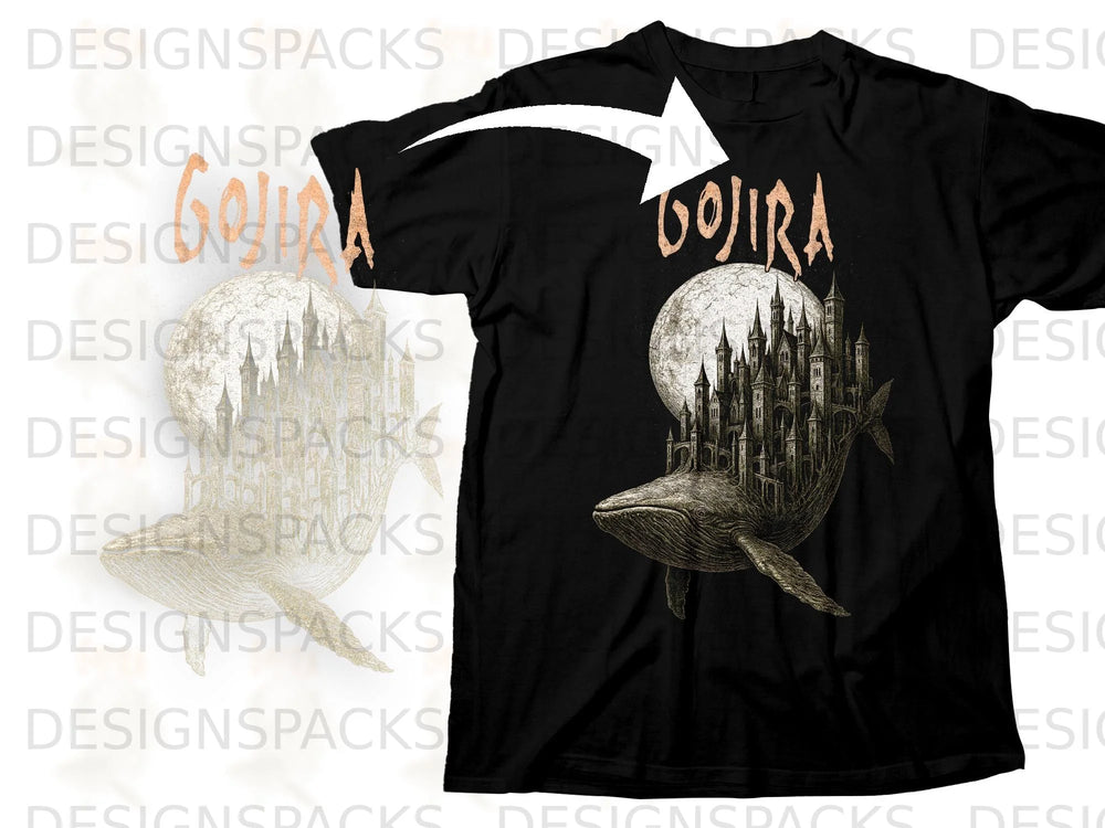 Black t-shirt with "Gojira" text and whale carrying a castle design.