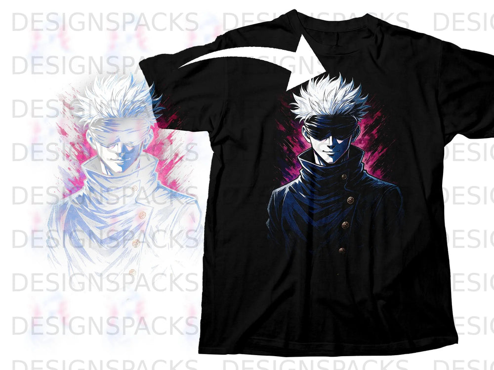 Black t-shirt with anime character Gojo Satoru printed on the front.