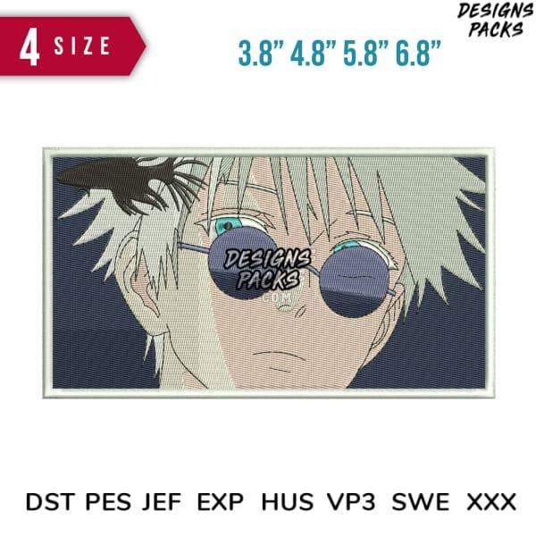 Anime character embroidery design with sunglasses, available in multiple sizes and formats