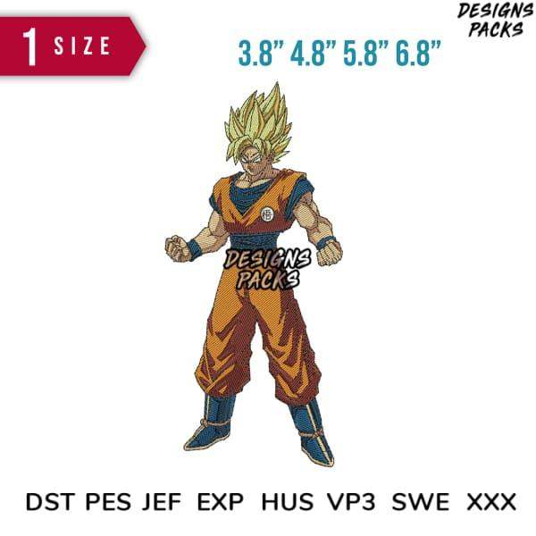 Super Saiyan Goku embroidery design in multiple sizes, compatible with DST PES JEF formats for instant download.