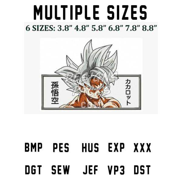 Dragon Ball Super Saiyan Goku embroidery design in multiple sizes, PES, SVG, PNG formats for DTF DTG