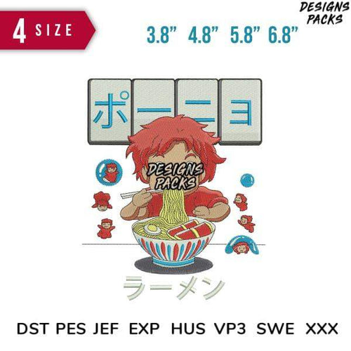 Ramen anime embroidery design with 4 sizes, PES DST formats, instant download