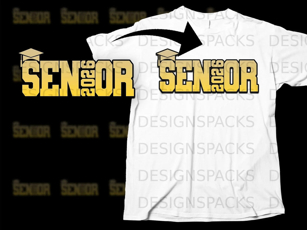 Graduation cap above "Senior 2026" text and t-shirt mockup.