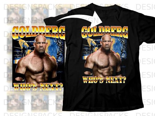 Black t-shirt featuring wrestler Goldberg and 