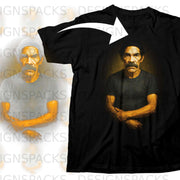 Black t-shirt featuring a portrait of a man with a mustache.