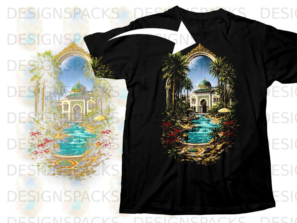 Black t-shirt featuring an ornate archway with a desert palace, palm trees, and a pool.