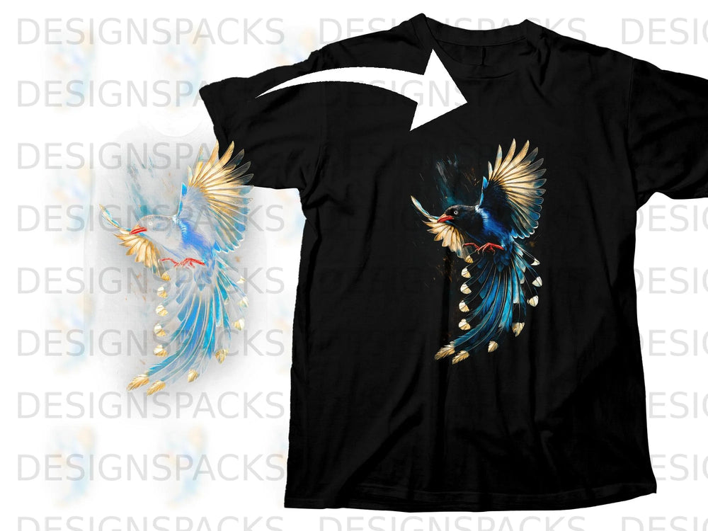 Black t-shirt with a colorful bird design and a white arrow overlay.