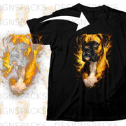Black t-shirt with abstract boxer dog graphic and white arrow.