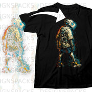 Black t-shirt with futuristic skeleton graphic featuring Japanese text.