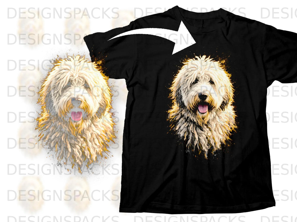 Black t-shirt with a watercolor-style doodle dog design.