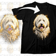 Black t-shirt with a watercolor-style doodle dog design.