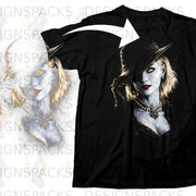 Black t-shirt with a portrait of a woman in a hat and pearl necklace.