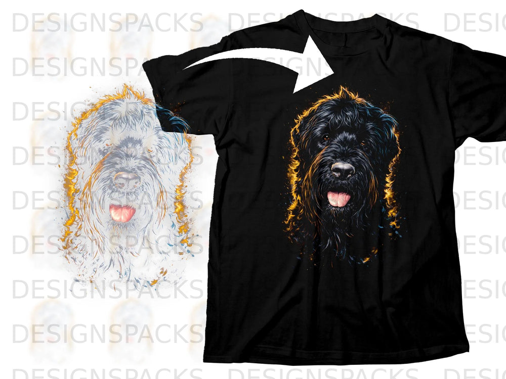 Black t-shirt with a vibrant, painterly design of a shaggy black dog's face.