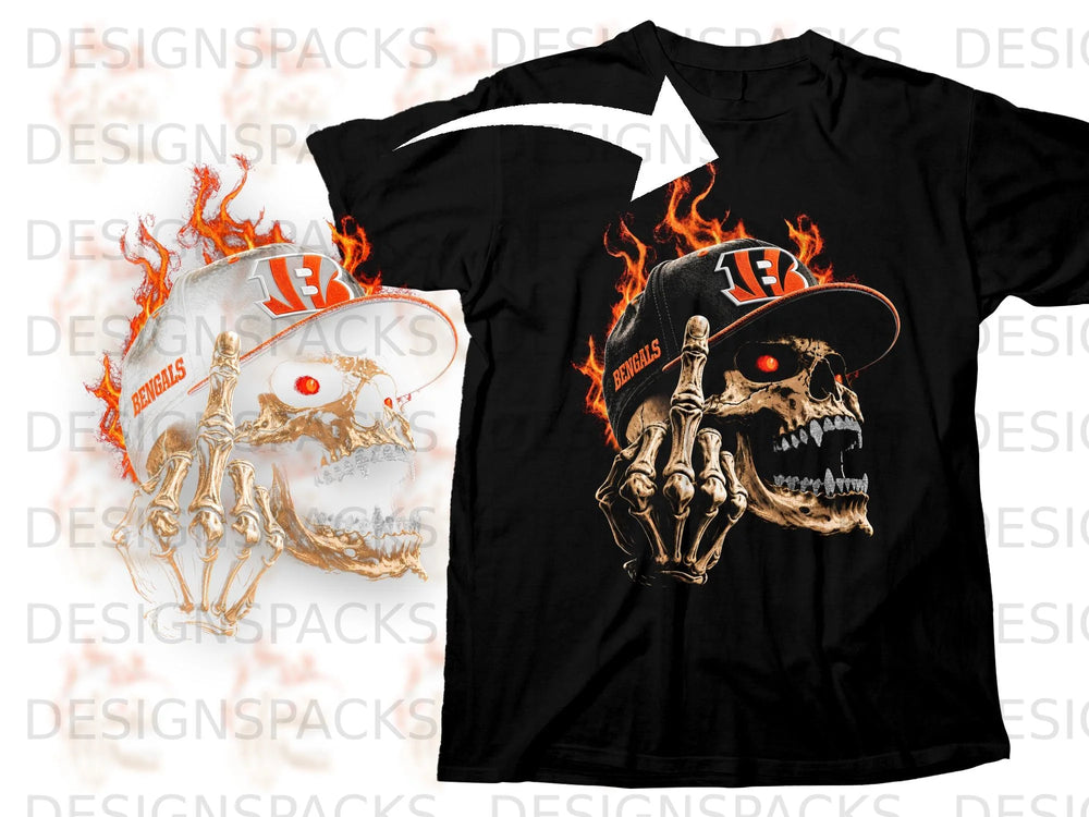 Skull wearing a Bengals hat with flames and a skeleton hand giving the middle finger.