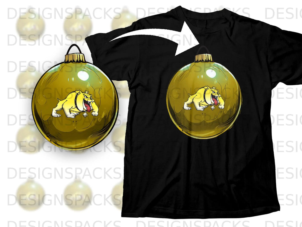 Black t-shirt featuring a yellow bulldog inside a golden Christmas ornament.