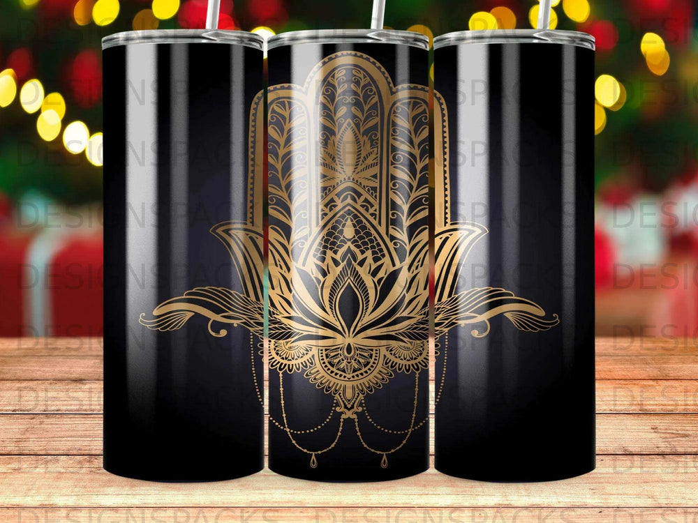 Golden Hamsa Hand Lotus Mandala Spiritual Tumbler Digital Wrap Design