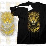 Black t-shirt with a detailed, golden jaguar head graphic.