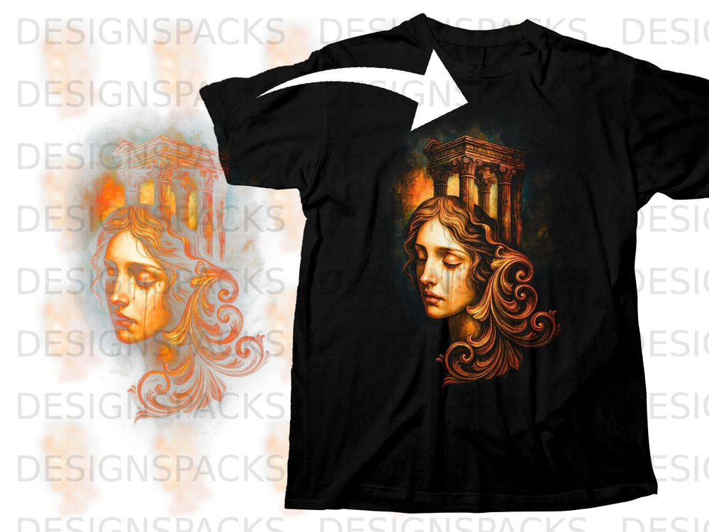 Black t-shirt with a distressed print of a woman's face and ancient Greek columns.