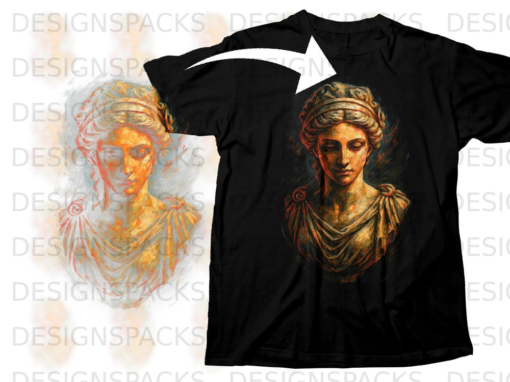 Black t-shirt with a painterly graphic of a classical bust of a woman.