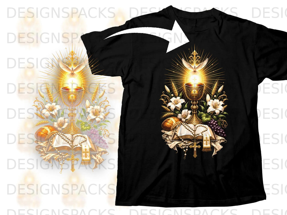 First Communion design with chalice, dove, open bible, and rosary beads.