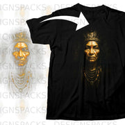 Black t-shirt with graphic of Native American chief's portrait with feathers and jewelry.