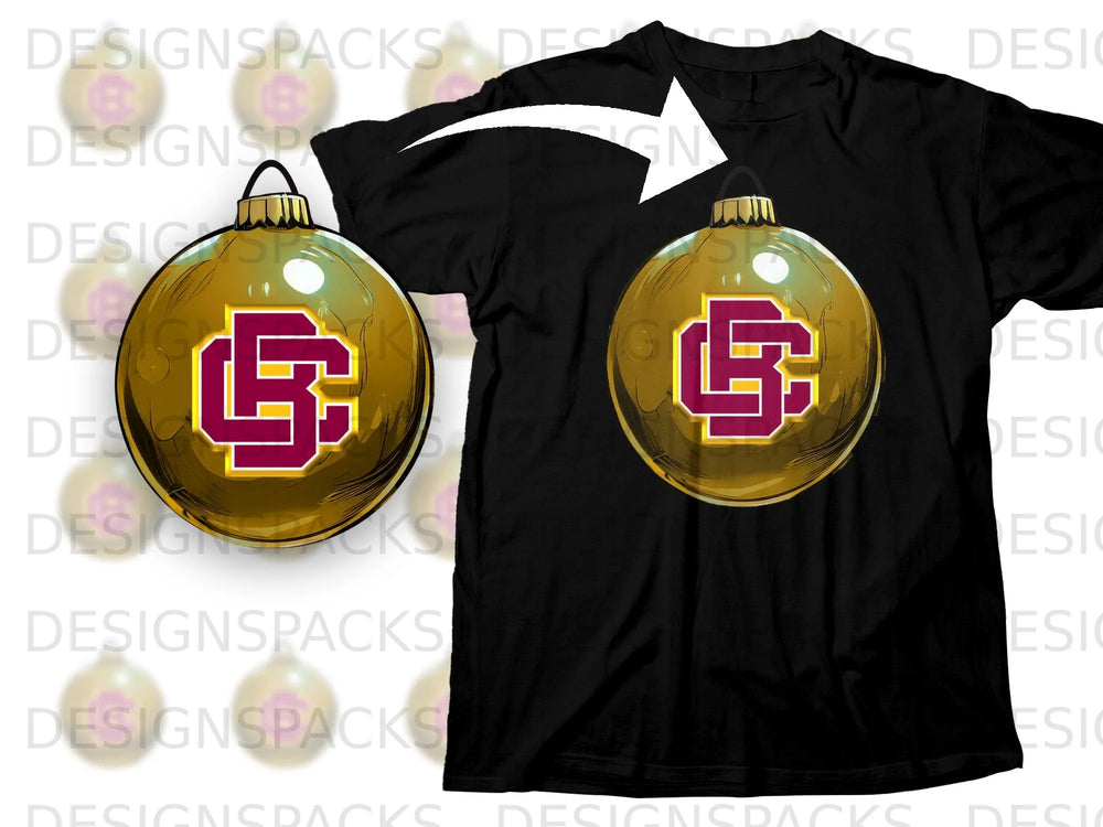 Black t-shirt with gold Christmas ornament featuring a maroon "BC" logo.