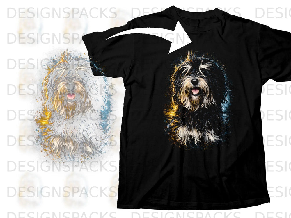 Black t-shirt with a colorful, abstract portrait of a shaggy dog.
