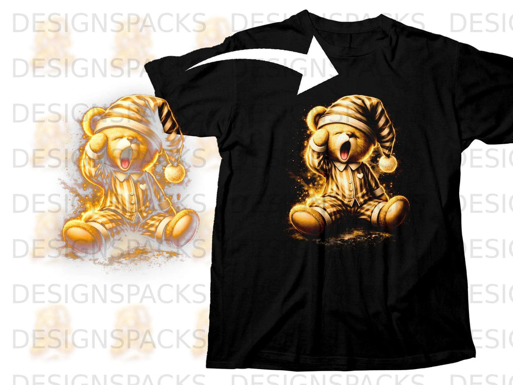 Golden teddy bear in pajamas and striped nightcap yawning on a black t-shirt.