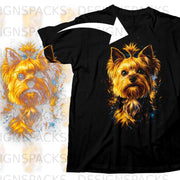 Black t-shirt with a colorful, abstract Yorkshire Terrier graphic on the front.